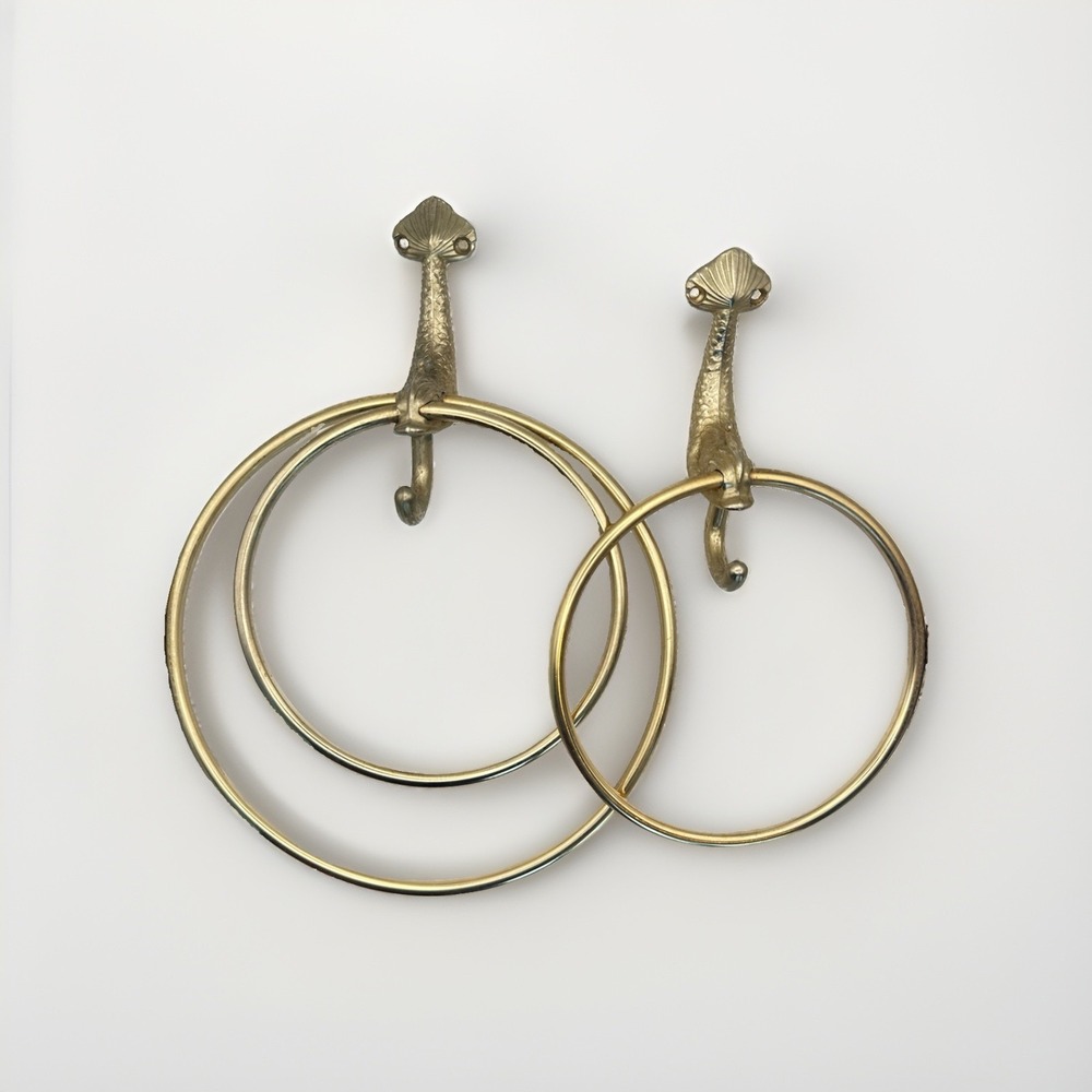 Vintage Brass Koi Fish Dolphin Towel Rings Set of 2 Hollywood Regency MCM Gold